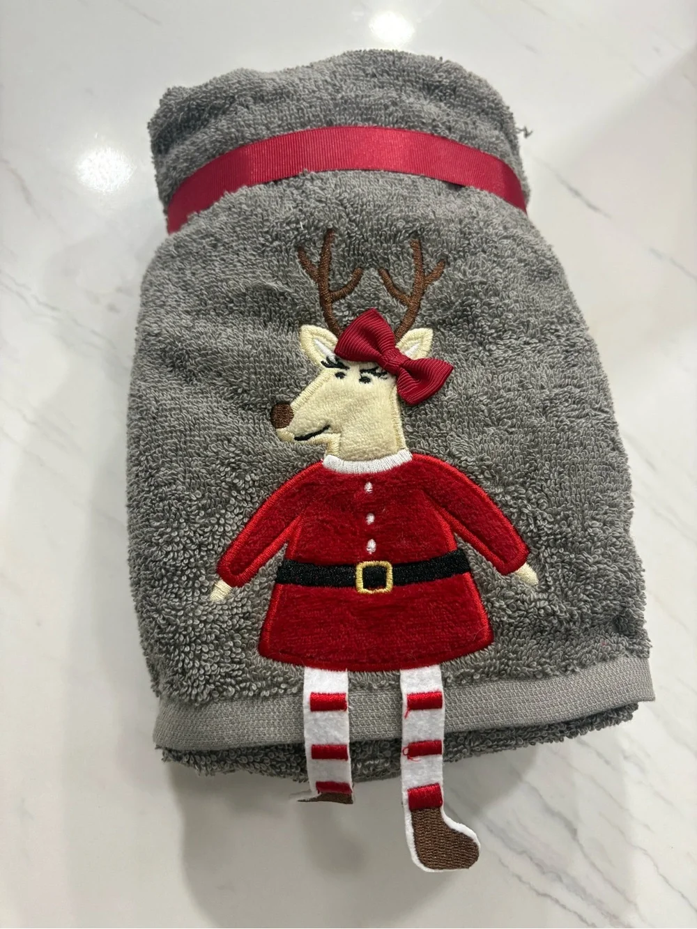 Gray Holiday Reindeer Hand Towel with Red Accent